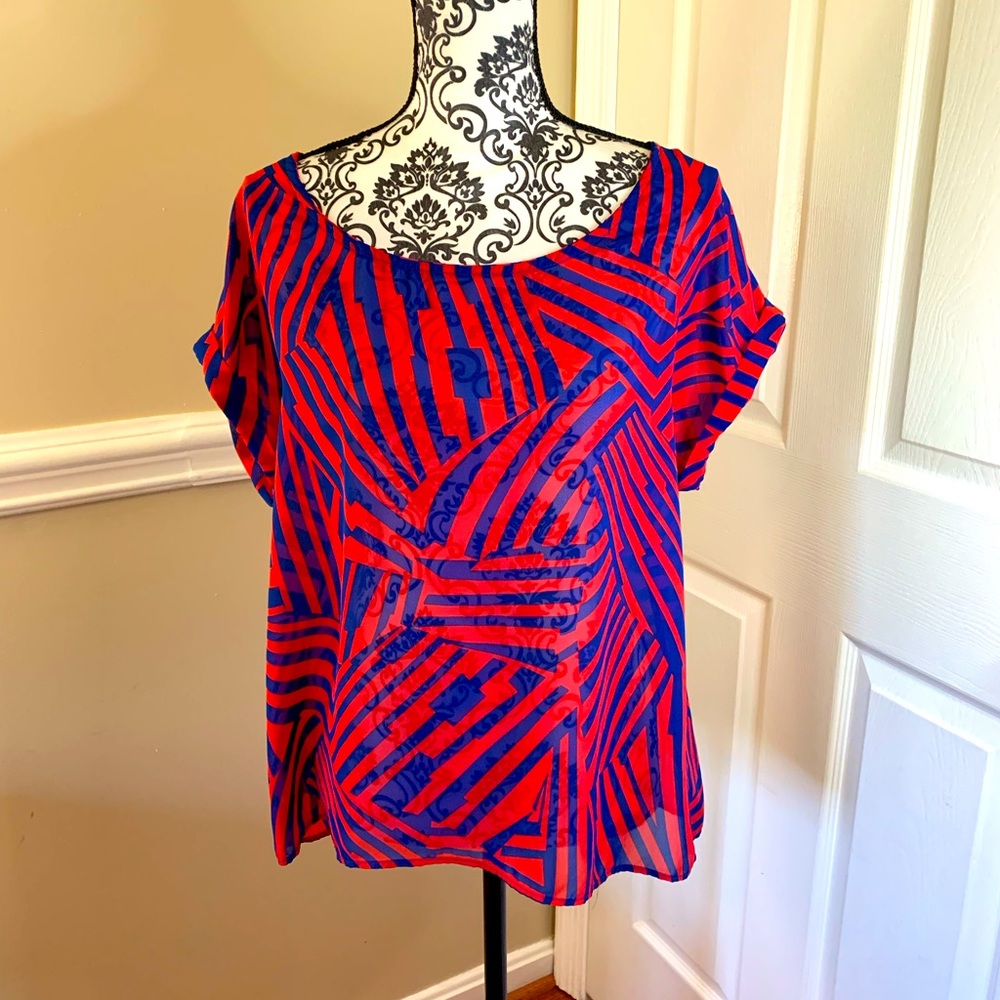 Lashes, Blue and Red Striped Blouse, size XL, open back